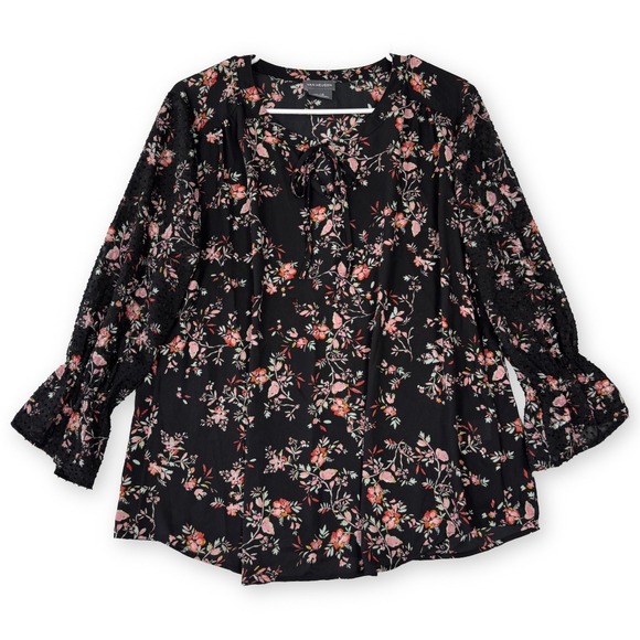 Van Heusen Tops - Van Heusen Womens Floral Blouse Black Pink Clip‎ Dot Sheer Long Sleeve Top Large